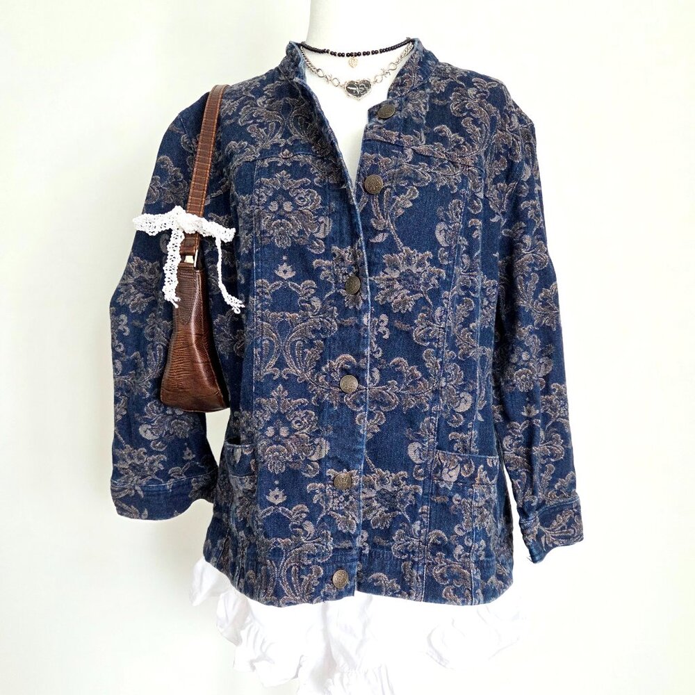 Y2K Floral Tapestry Denim‎ Jacket Size 12 Blue Boho Hippie Indie Western Vintage